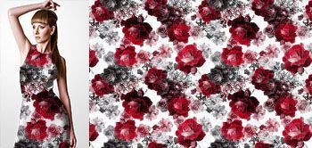 26015 Materiał ze wzorem wyraziste duże kwiaty w odcieniach czerwieni (róża) i szarymi kwiatami w tle